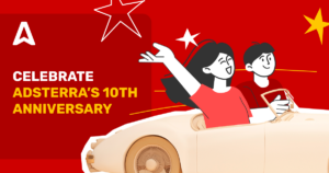 Adsterra 10th Anniversary Giveaway banners for affiliate marketers